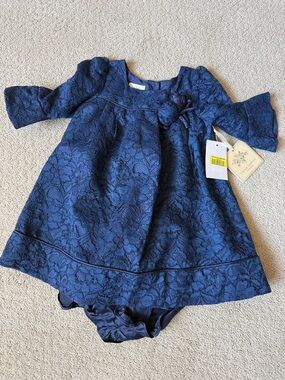 NWT Laura Ashley Navy Lace Baby Dress with Bloomer